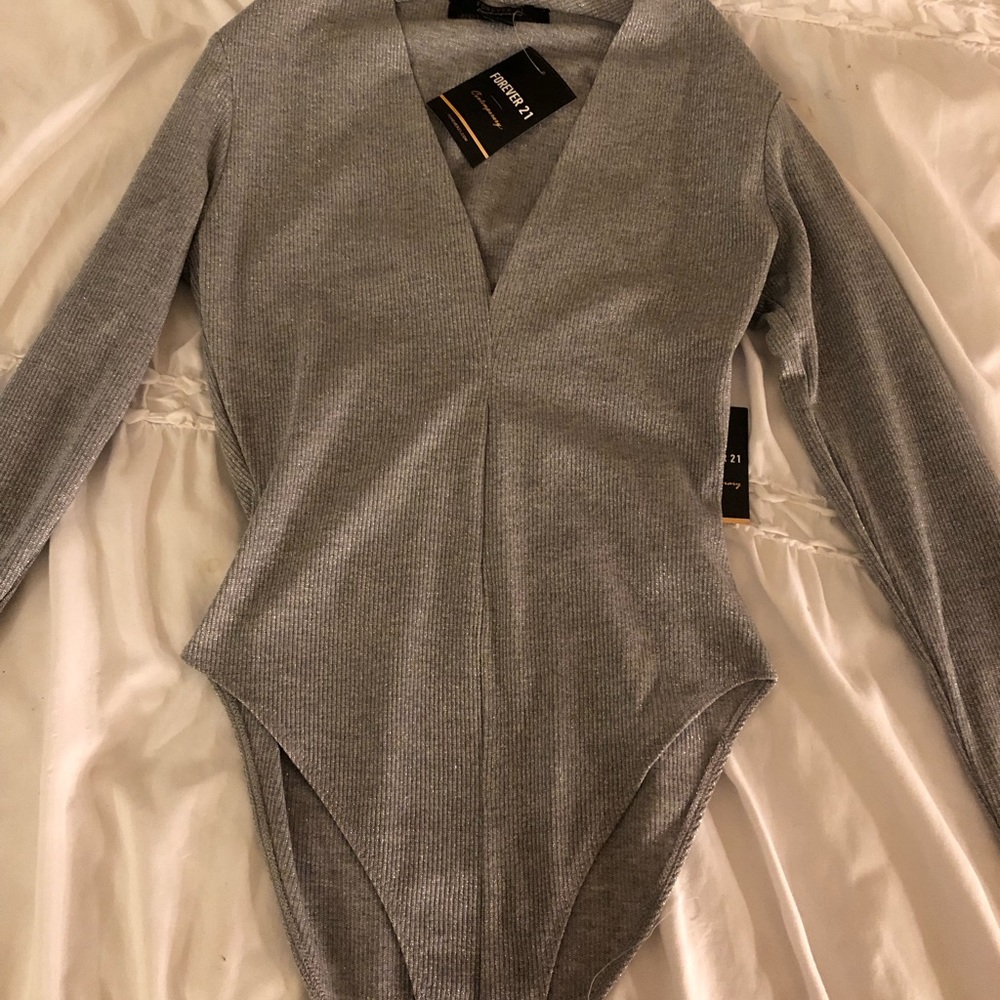 Grey and silver deep v body suit